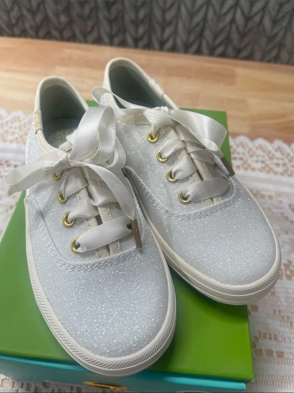 kate spade Kids' Glitter Ribbon Lace Sneakers in Cream